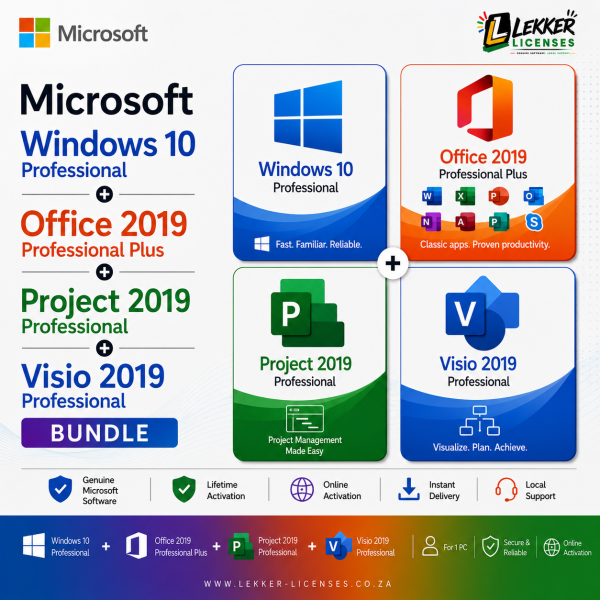 Microsoft Windows 10 Professional + Office 2019 Professional Plus + Project 2019 Professional + Visio 2019 Professional Bundle