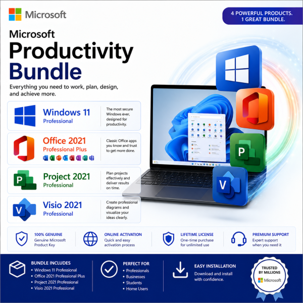 Microsoft Windows 11 Professional + Office 2021 Professional Plus + Project 2021 Professional + Visio 2021 Professional Bundle